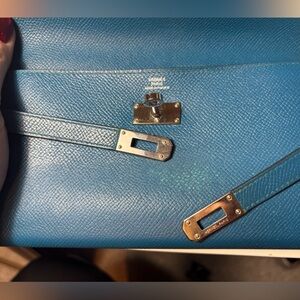 Hermes Kelly Long Wallet Blue with silver hardware